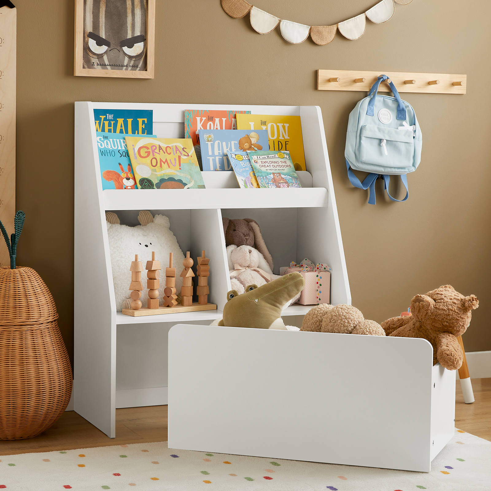SoBuy KMB83-W Children Kids Bookcase Book Shelf Toy Shelf Storage Shelf Organizer With Storage Chest On Wheels