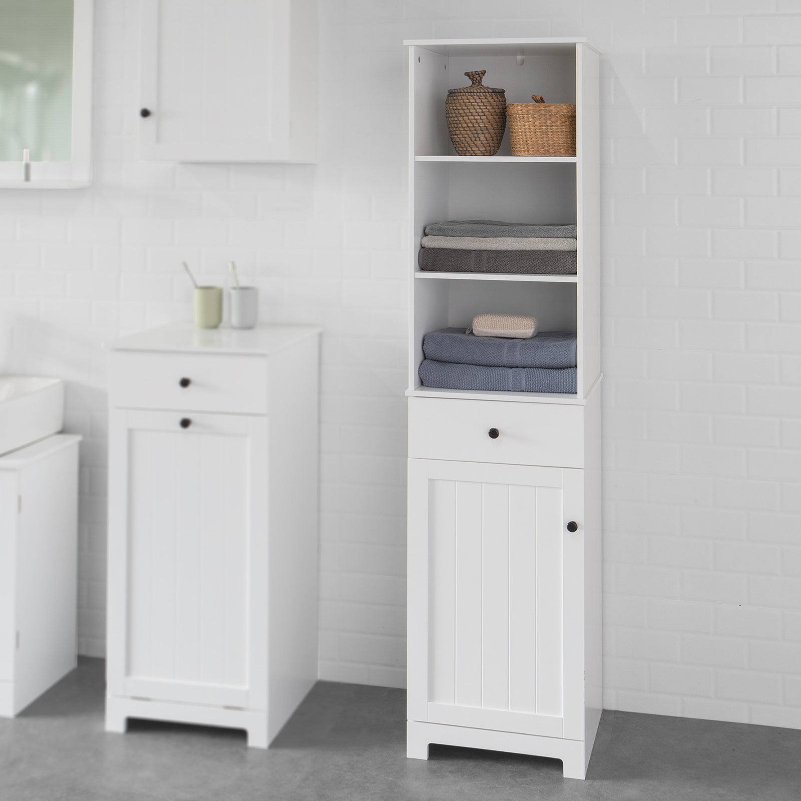 SoBuy BZR17-W, White Tall Bathroom Storage Cabinet Unit with 3 Shelves 1 Drawer 1 Cabinet, 40x35x161cm