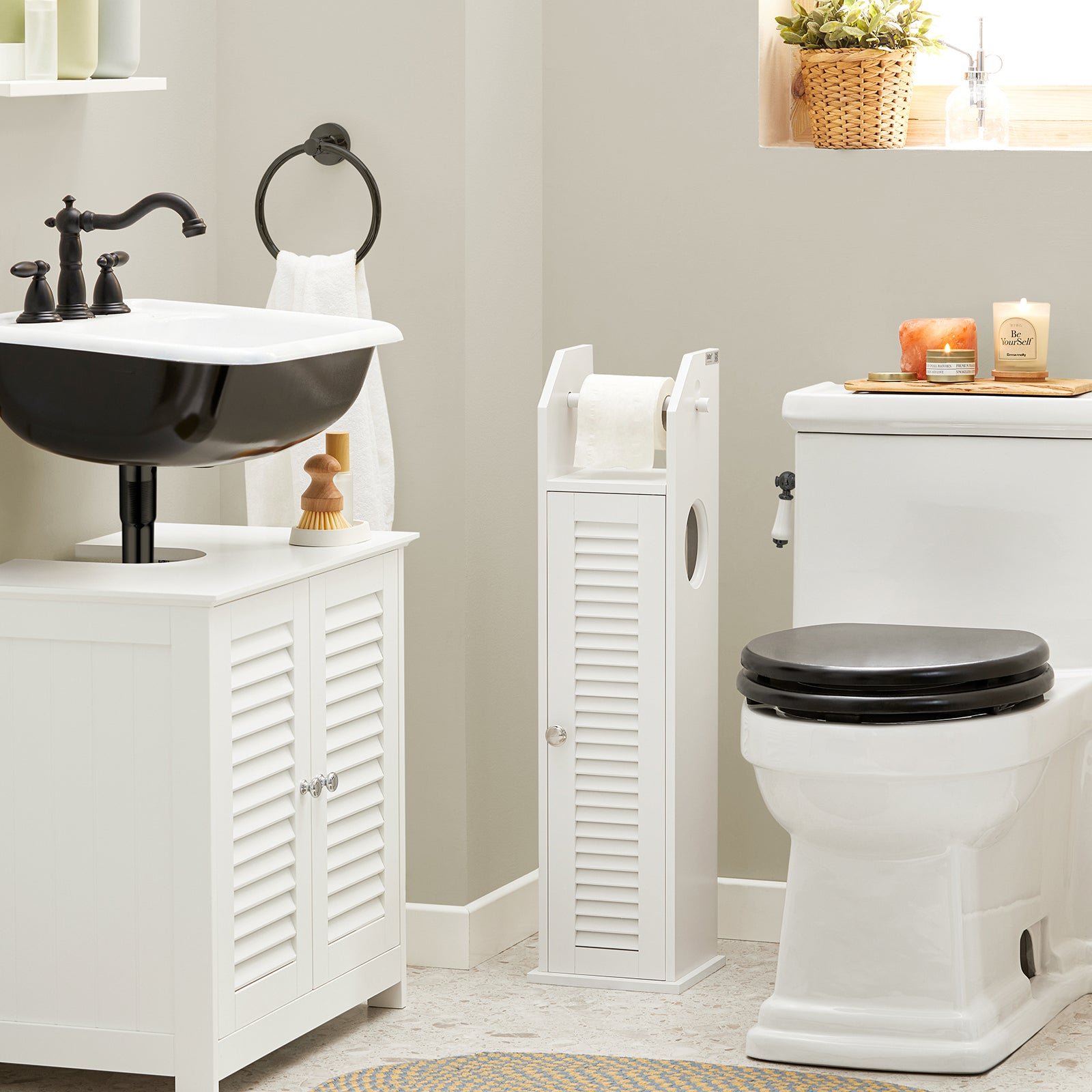SoBuy White Free Standing Wooden Bathroom Storage Cabinet,Toilet Brush Holder,BZR49-W