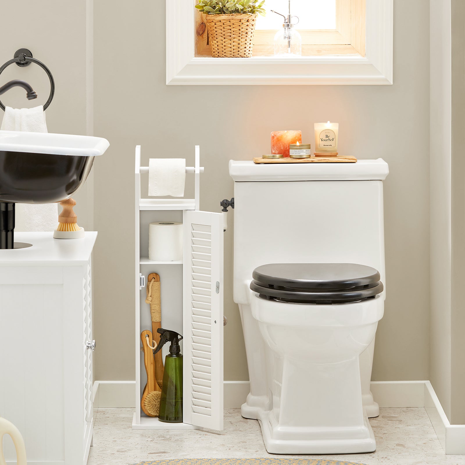 SoBuy White Free Standing Wooden Bathroom Storage Cabinet,Toilet Brush Holder,BZR49-W