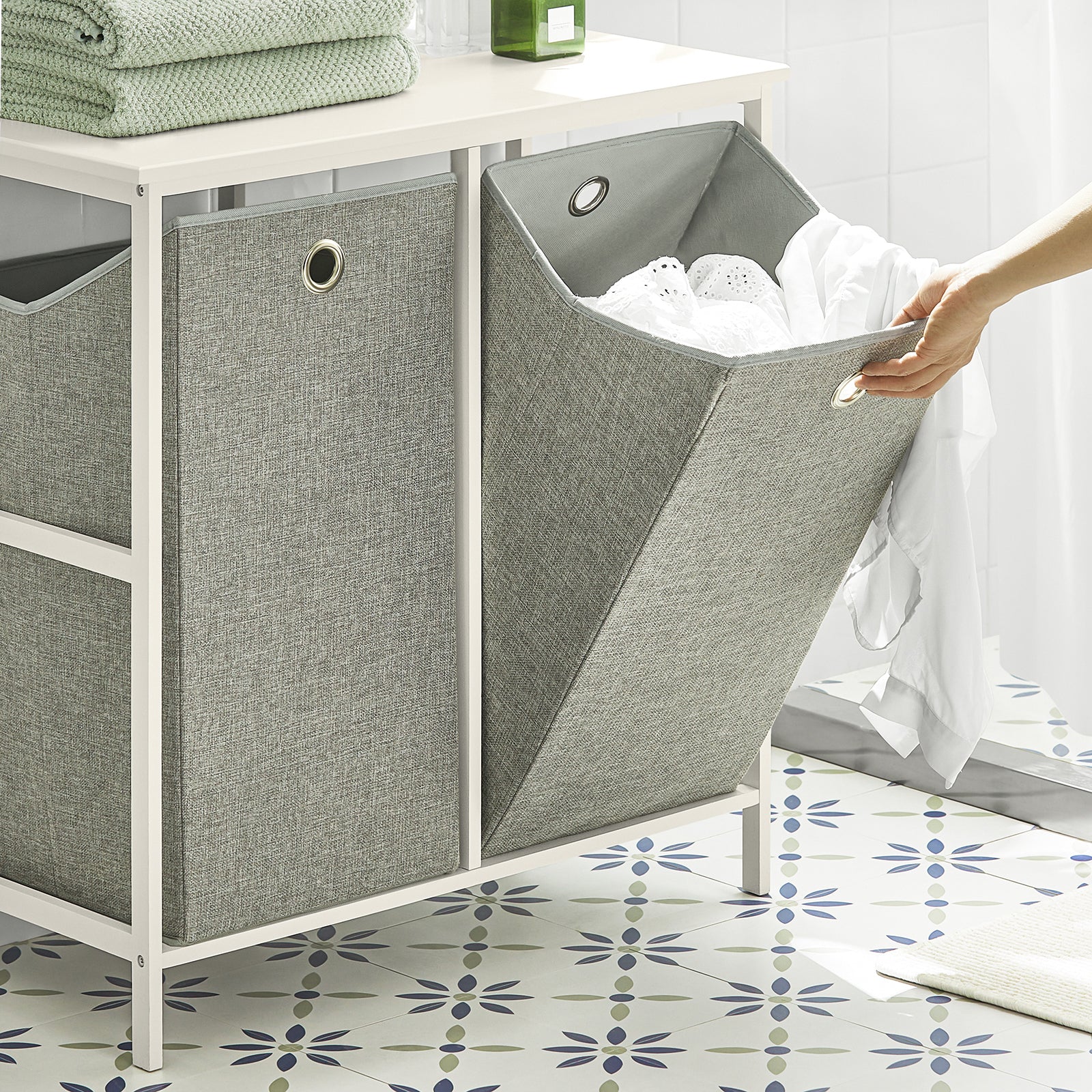 SoBuy BZR57-W Laundry Cabinet Laundry Chest with 2 Removable Laundry Baskets, Bathroom Storage Shelf Rack