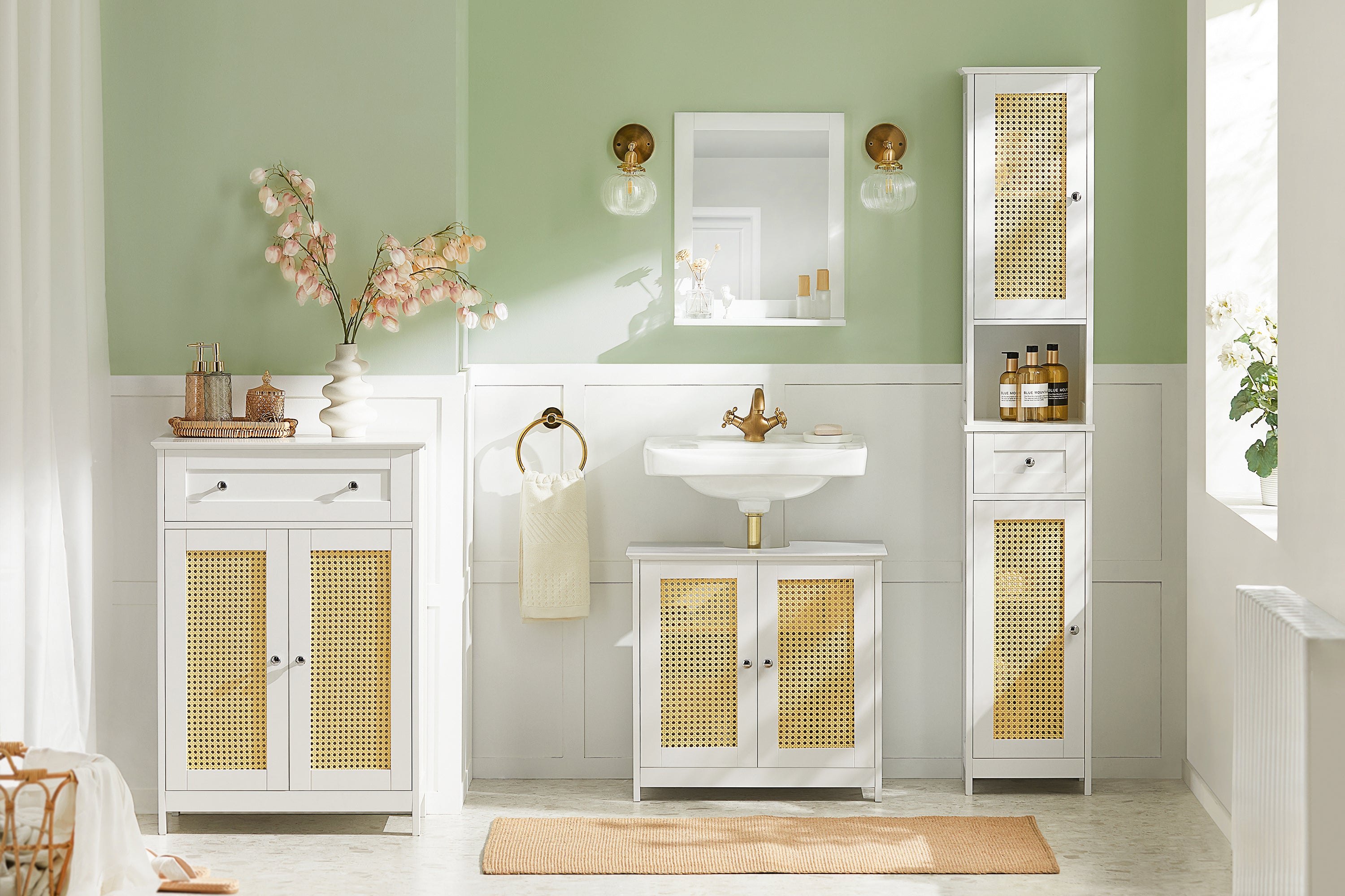 SoBuy BZR70-W,Tall Bathroom Cabinet with Rattan Door, Linen Tower Bath Cabinet, 1 Drawer and 1 Storage Compartment