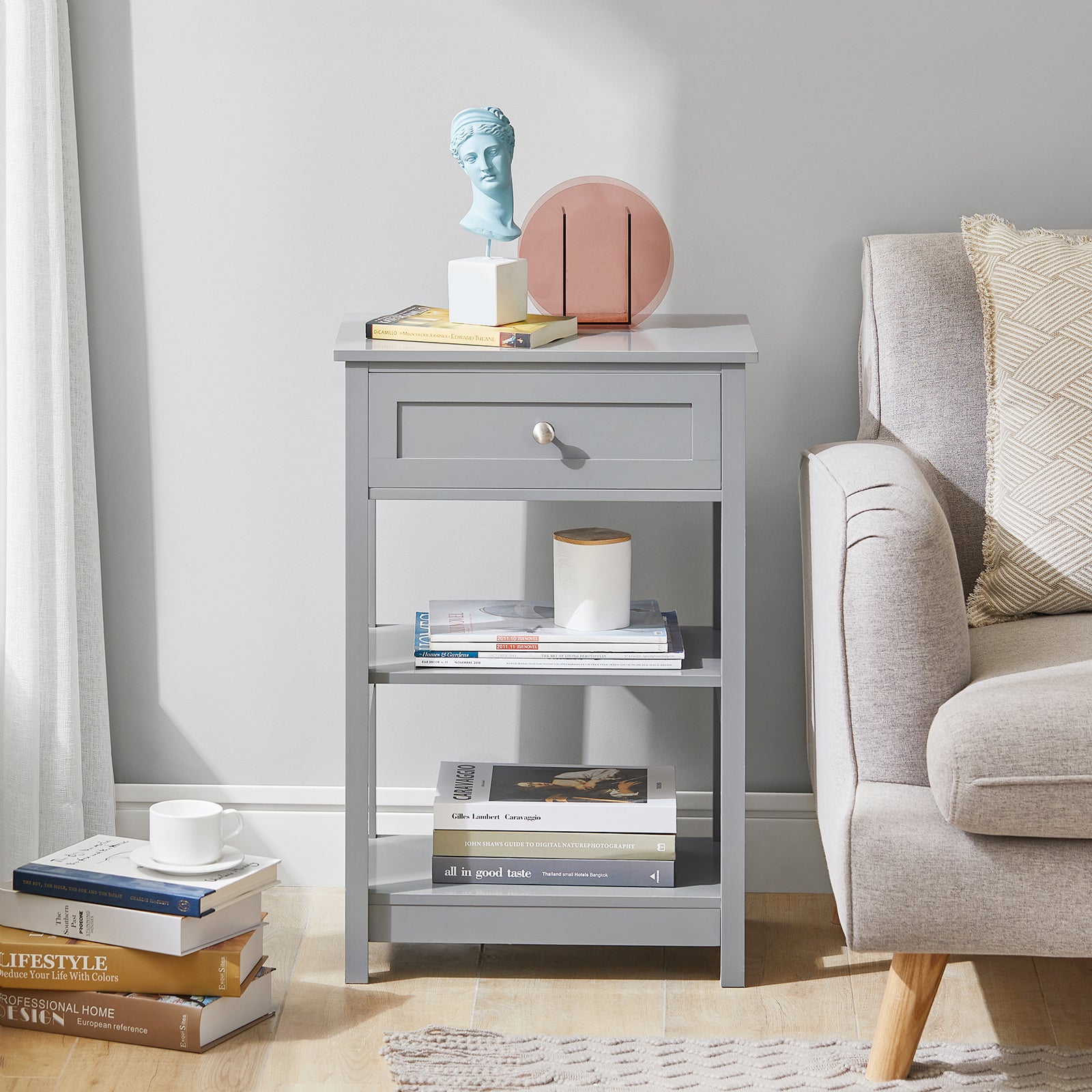 SoBuy FBT46-HG,Beside Table with 1 Drawer 2 Shelves,End Table Lamp Table Side Table Night Stand, Grey
