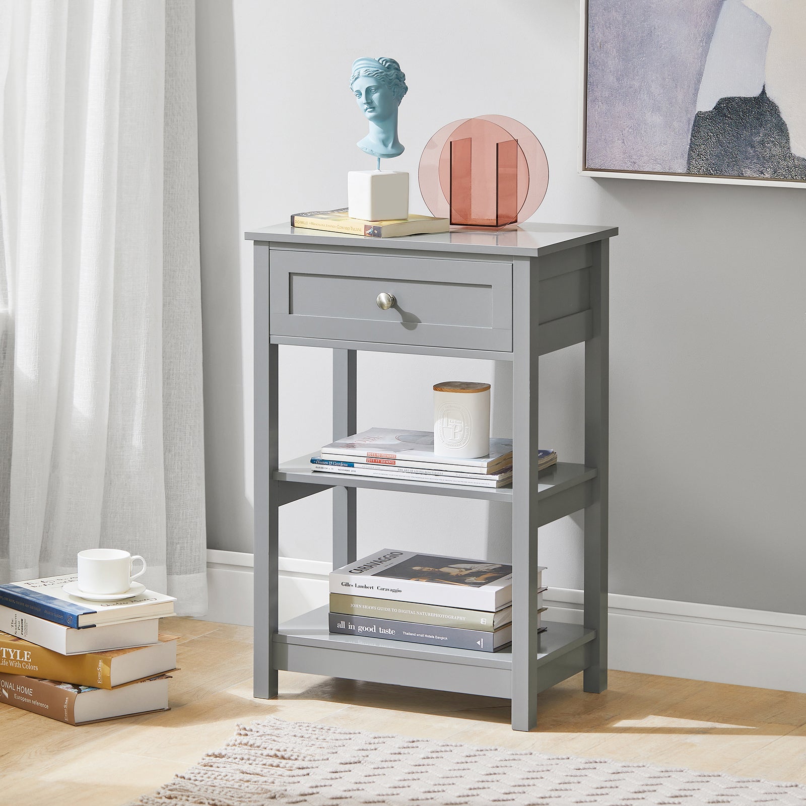 SoBuy FBT46-HG,Beside Table with 1 Drawer 2 Shelves,End Table Lamp Table Side Table Night Stand, Grey