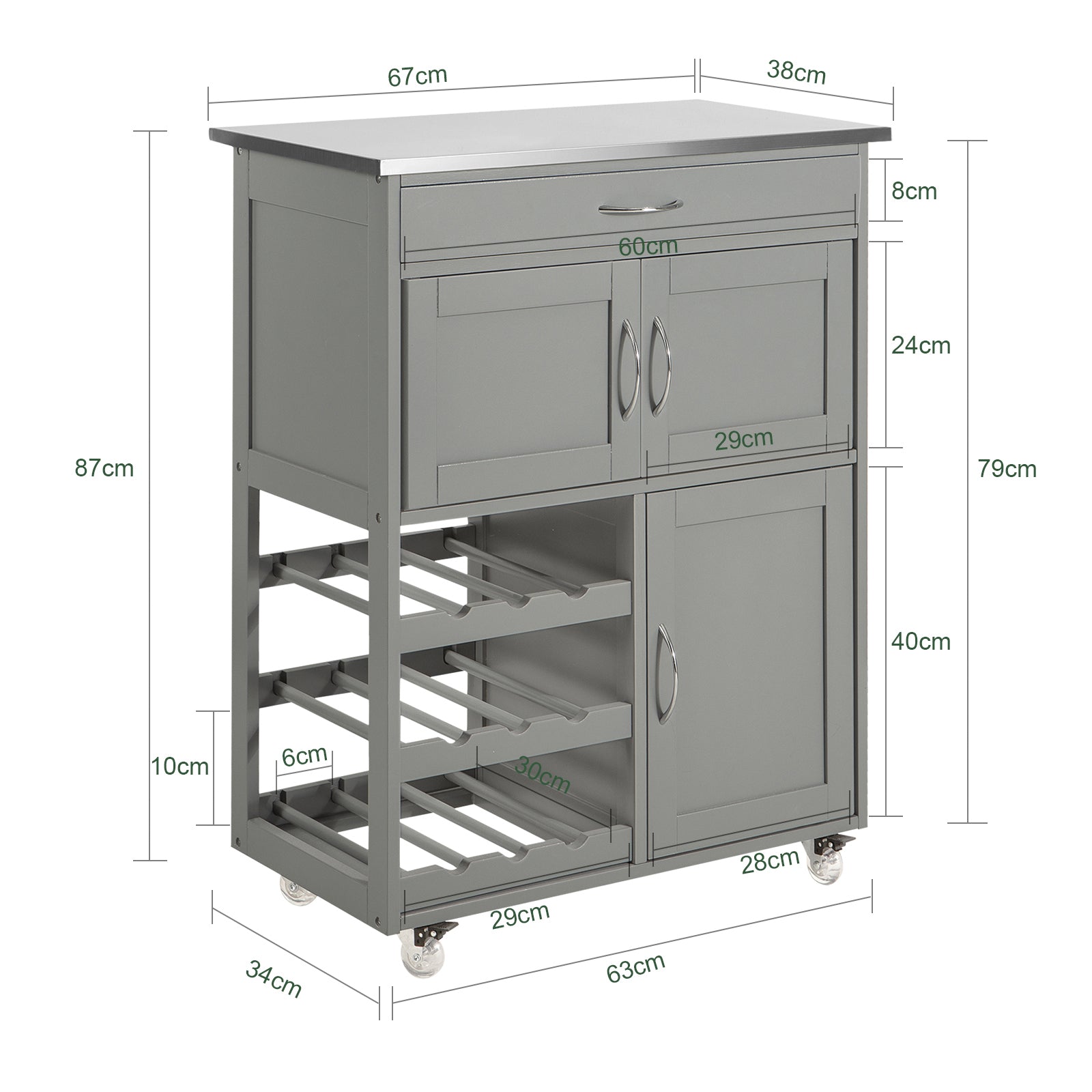 SoBuy FKW45-HG, Kitchen Storage Trolley Kitchen Cabinet with Stainless Steel Worktop