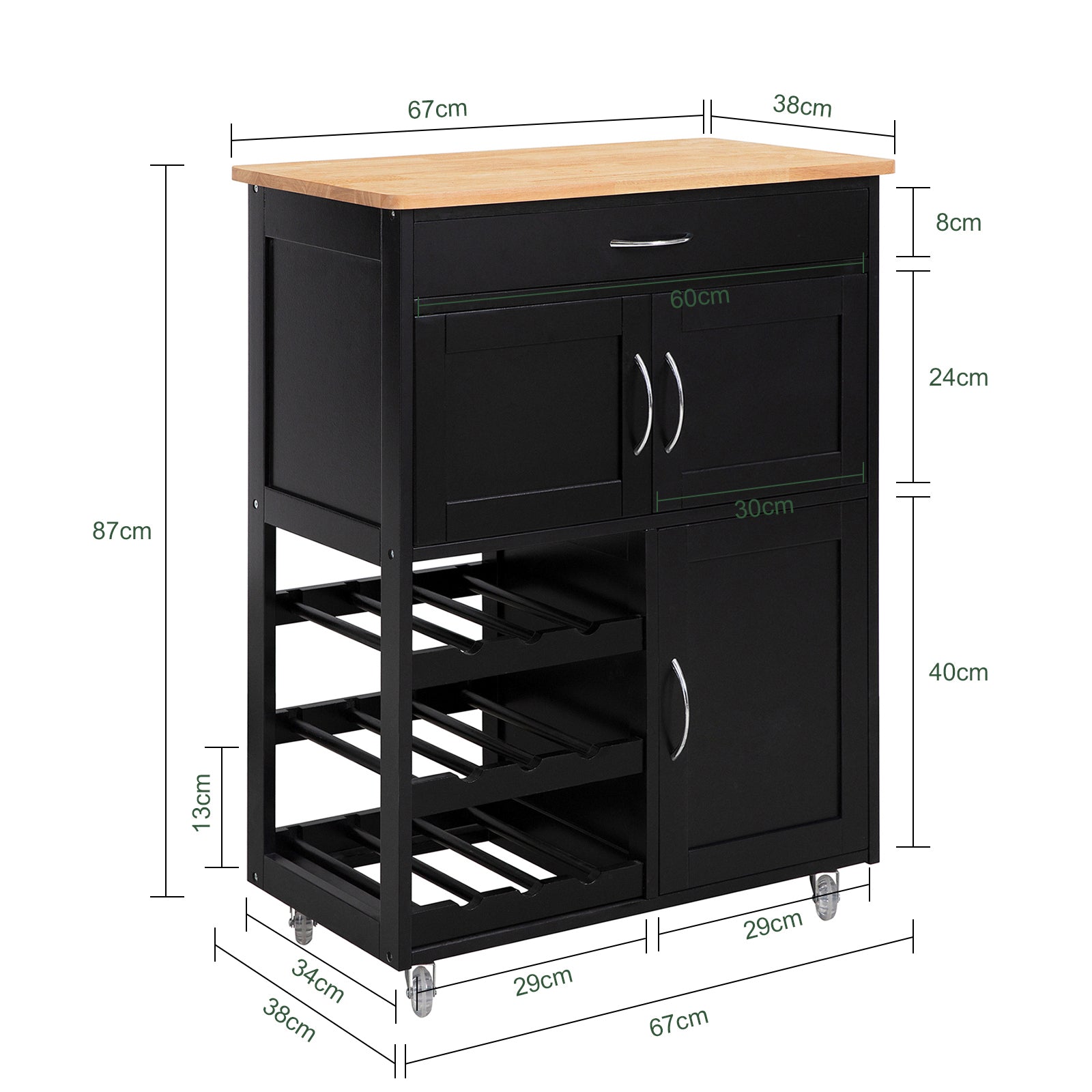 SoBuy FKW45-SCH, Kitchen Trolley Kitchen Storage Cabinet with Rubber Wood Worktop