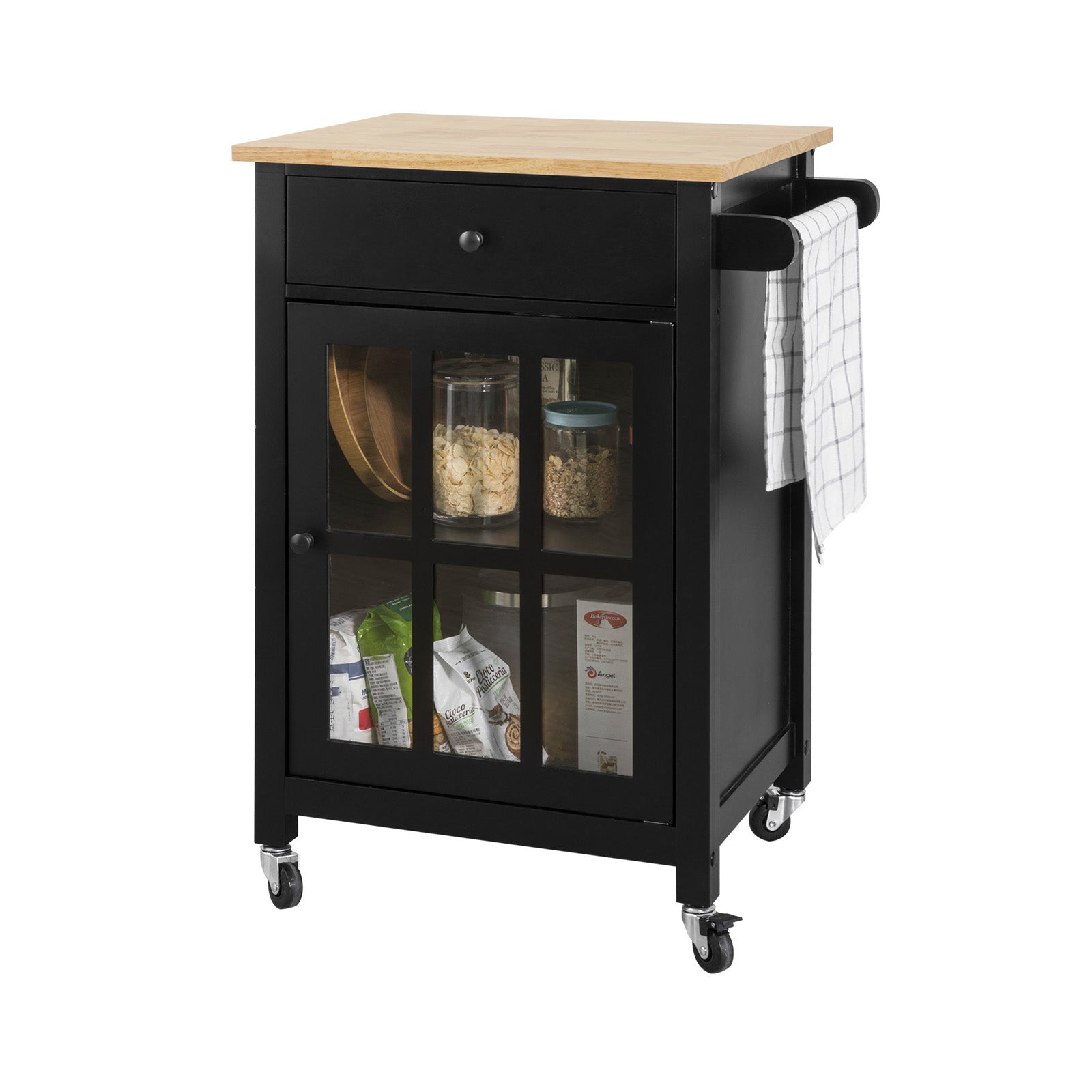 SoBuy FKW98-SCH, Kitchen Storage Trolley Serving Trolley with Rubber Wood Work top, Black