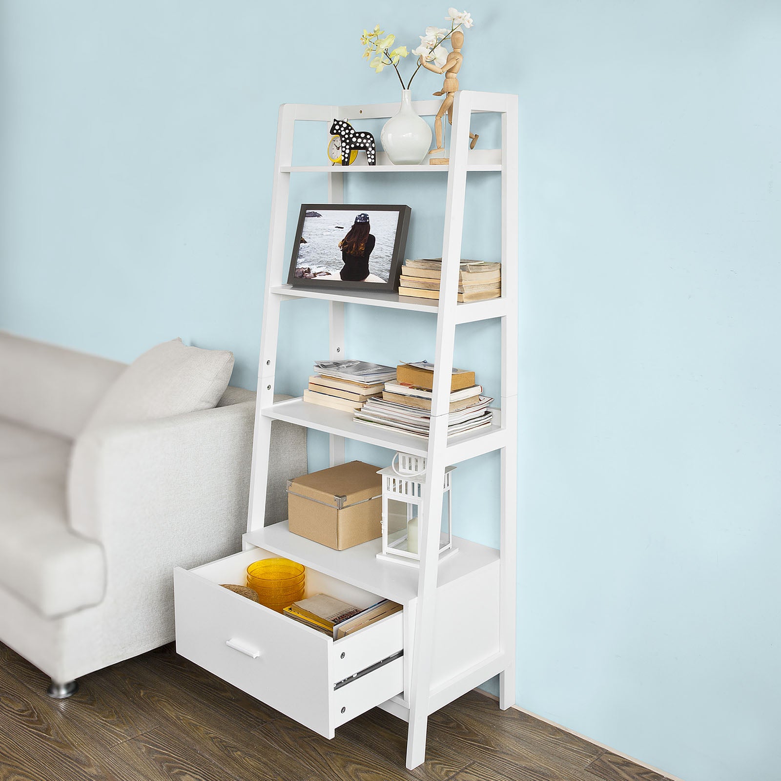 SoBuy White Storage Display Shelf Bookcase with Drawer and Shelves,FRG116-W
