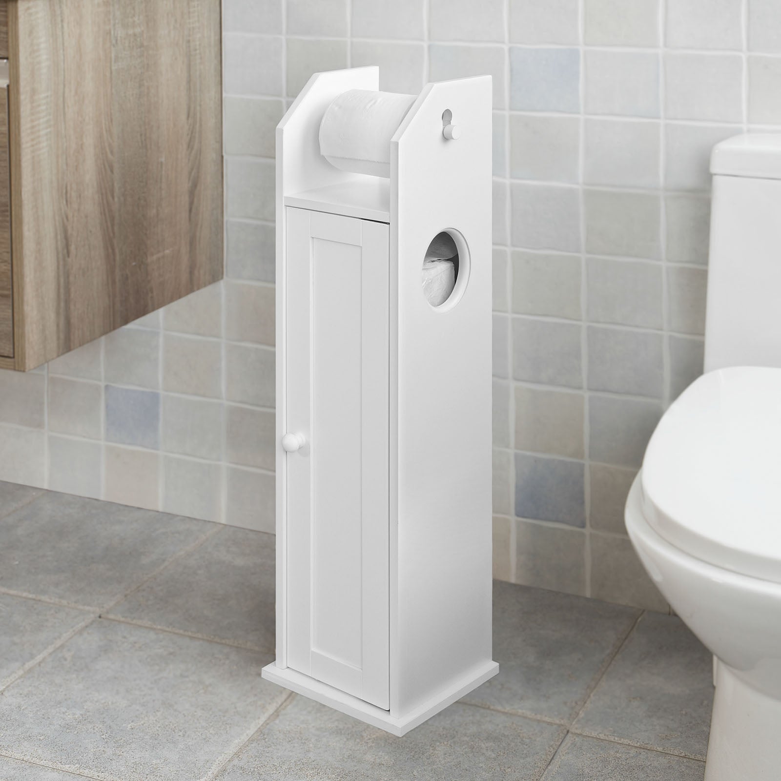 White Wood Free Standing Toilet Paper Roll Holder Bathroom Storage