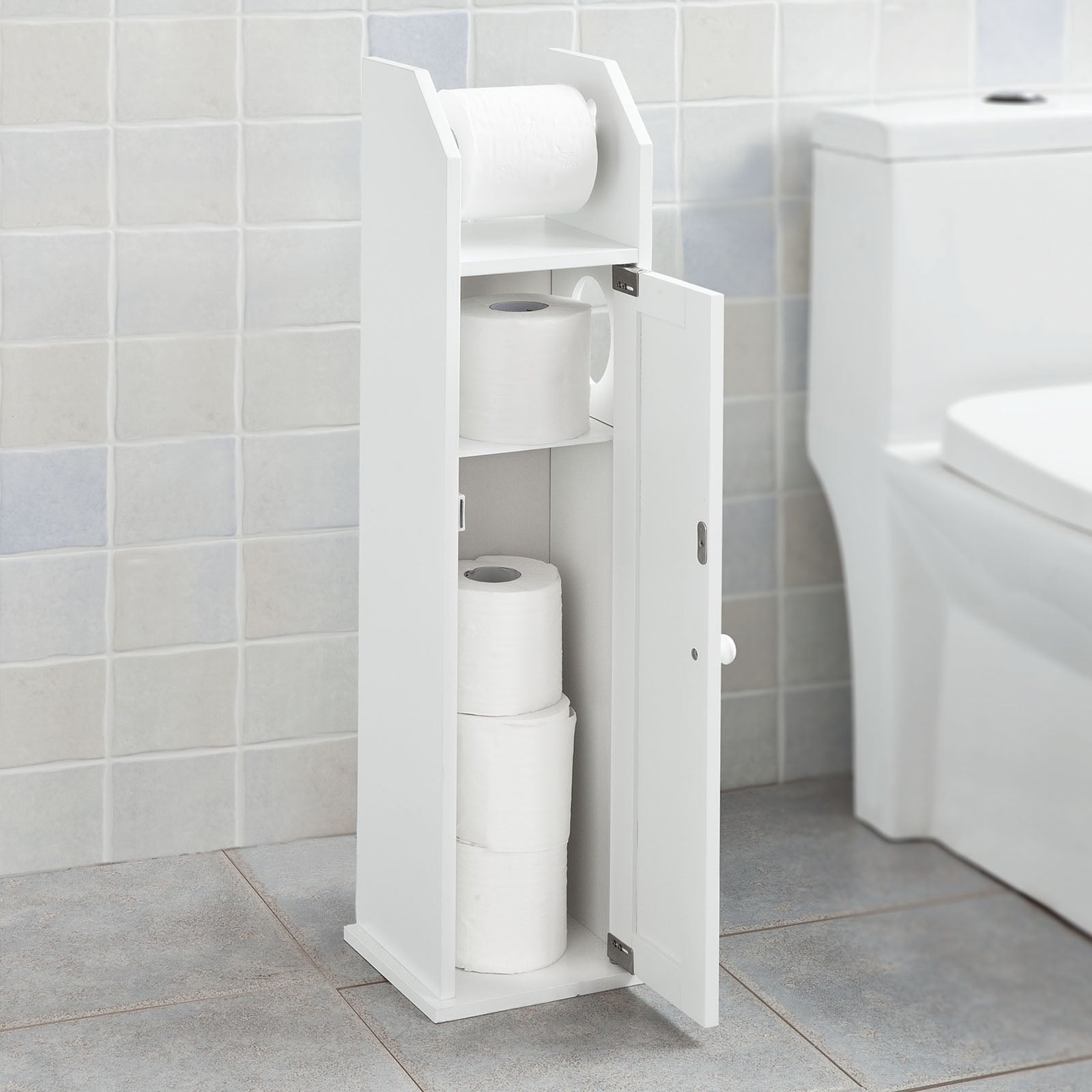 White Wood Free Standing Toilet Paper Roll Holder Bathroom Storage