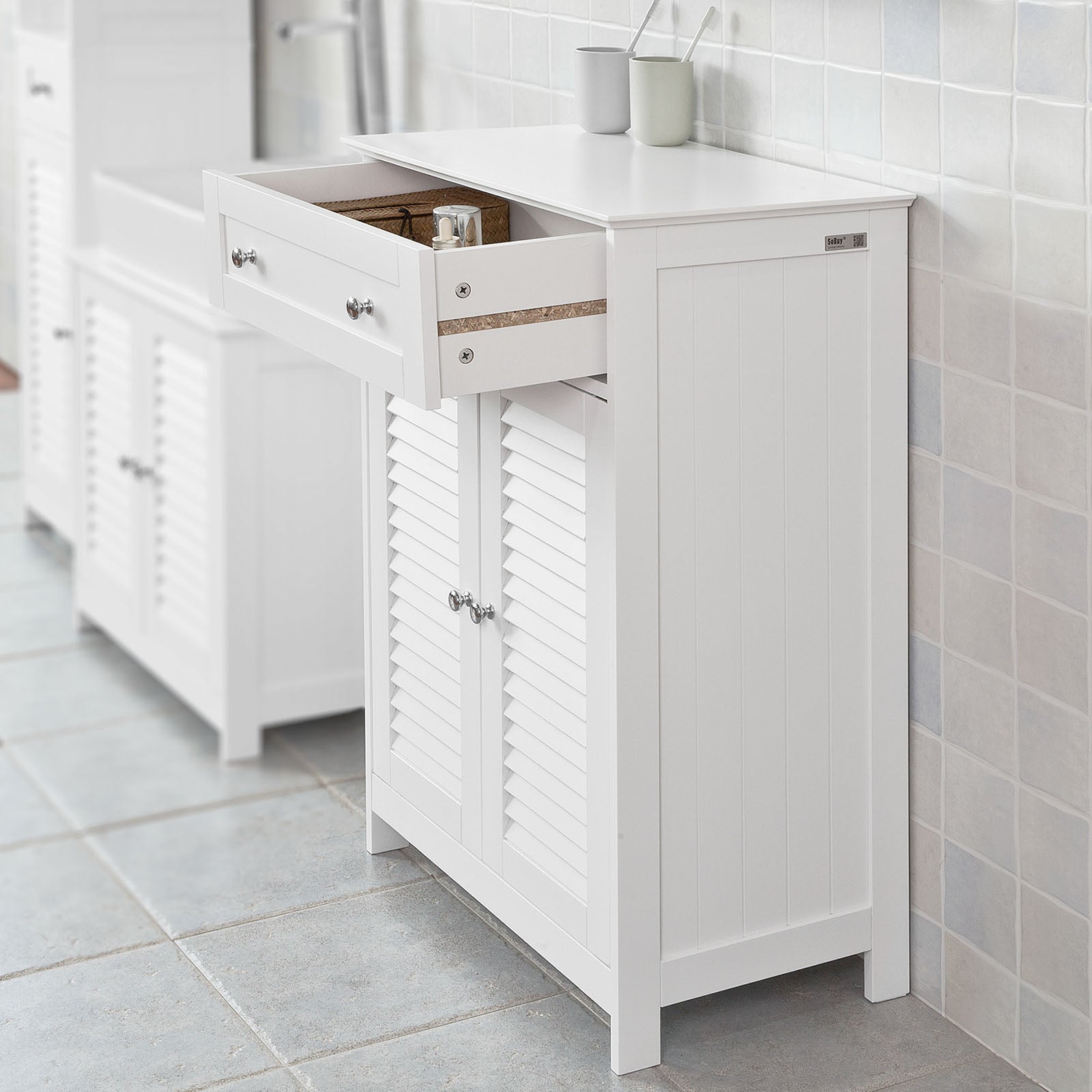 SoBuy FRG238-W, White Free Standing Double Shutter Door Bathroom Storage Cabinet Cupboard
