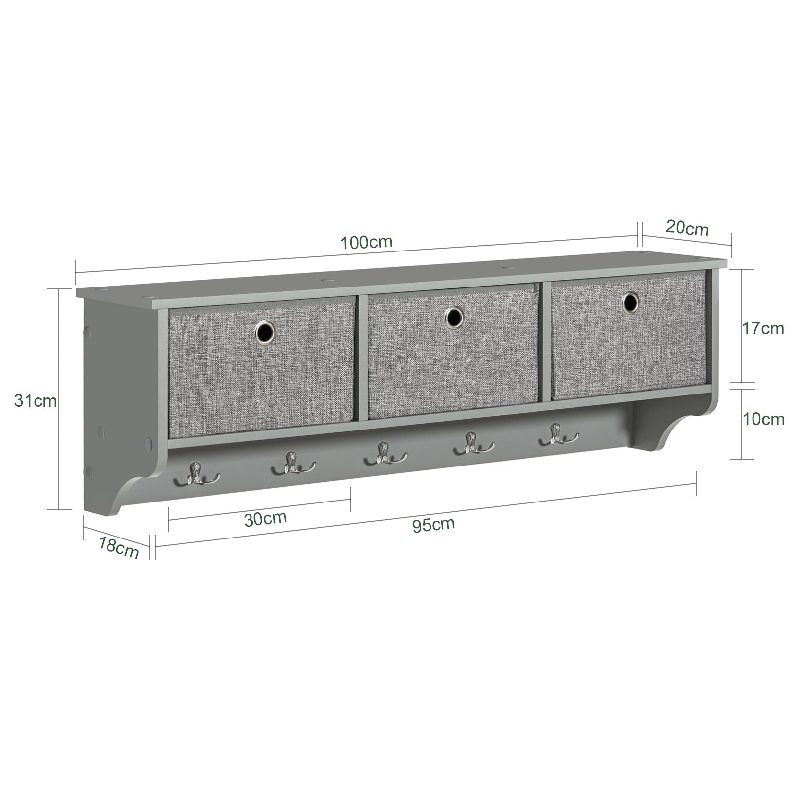 SoBuy FRG282-HG,Wall Coat Rack Wall Shelf Wall Storage Cabinet Unit with 3 Baskets 5 Hooks,Grey