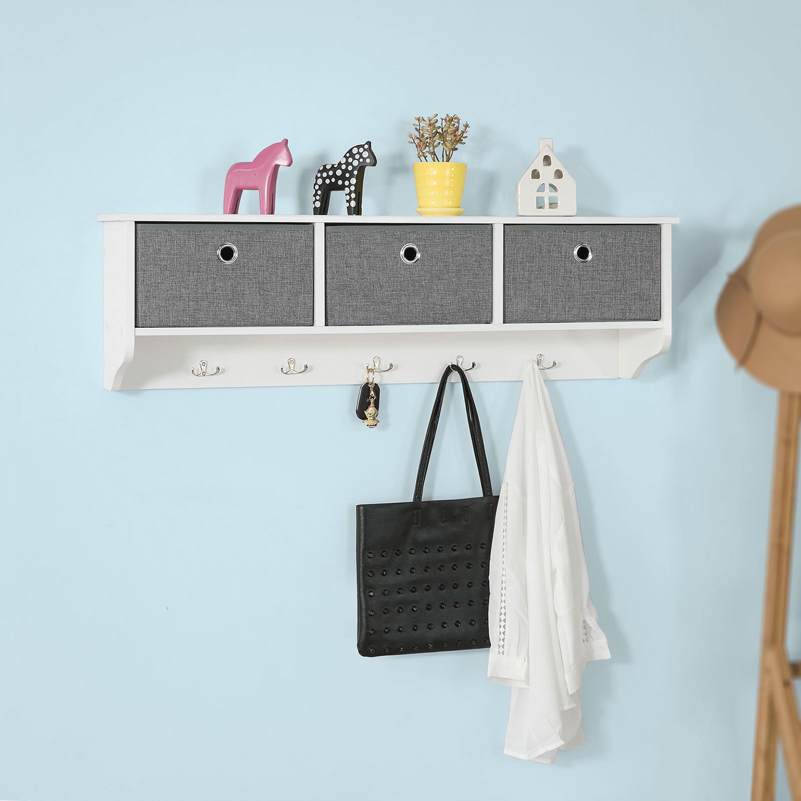 SoBuy FRG282-W, Wall Coat Rack Wall Shelf Wall Storage Cabinet Unit with 3 Baskets 5 Hooks