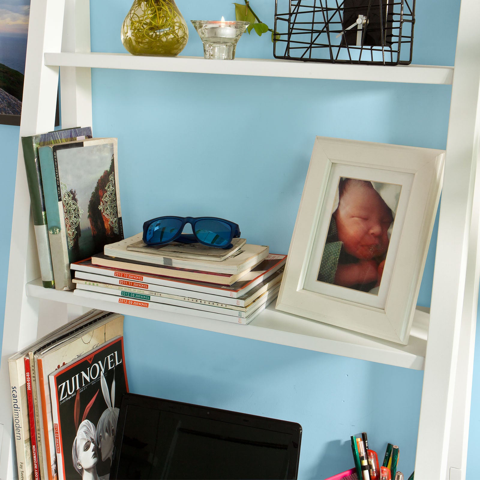 SoBuy White Wooden Storage Display Shelving Ladder Shelf with Desk and 2 Shelves,64x39x180cm,FRG60-W