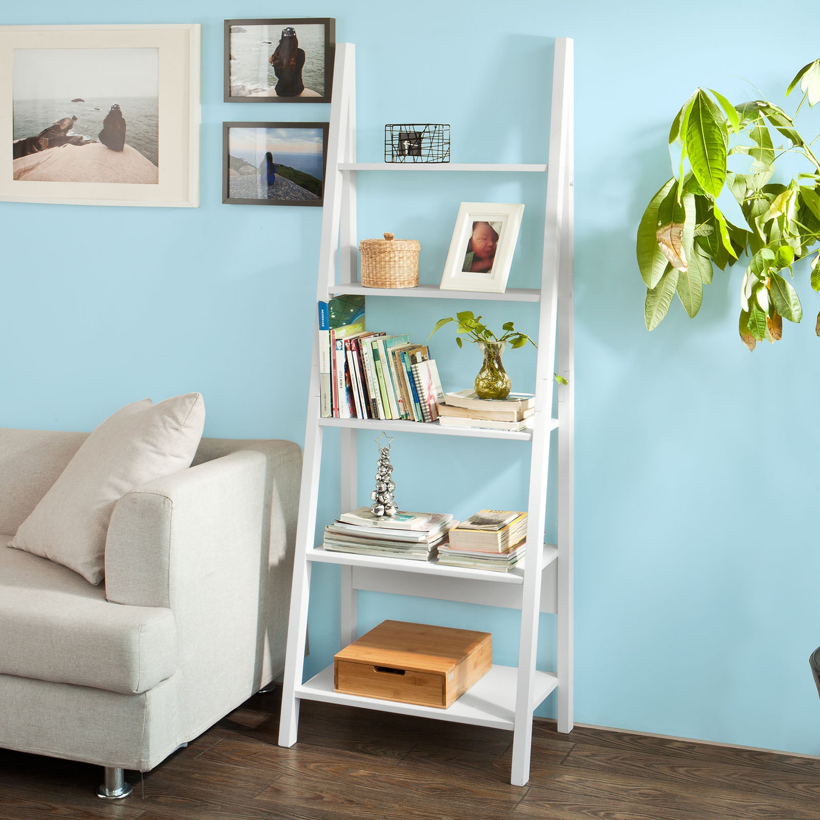 SoBuy FRG61-W Wood 5 Tiers Ladder Shelf Bookcase,Storage Display Shelving,Wall Shelf,White