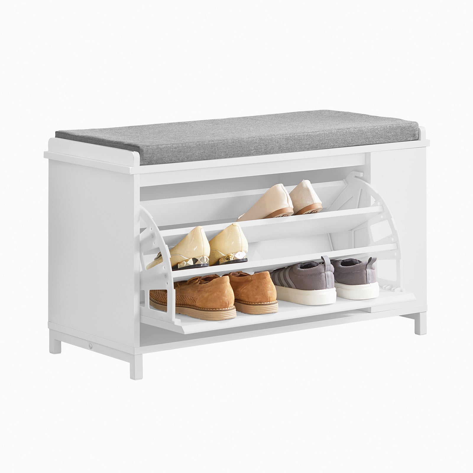 SoBuy FSR105-W, White Flip-Drawer Shoe Bench, Storage Bench with Side Shelf and Removable Seat Cushion
