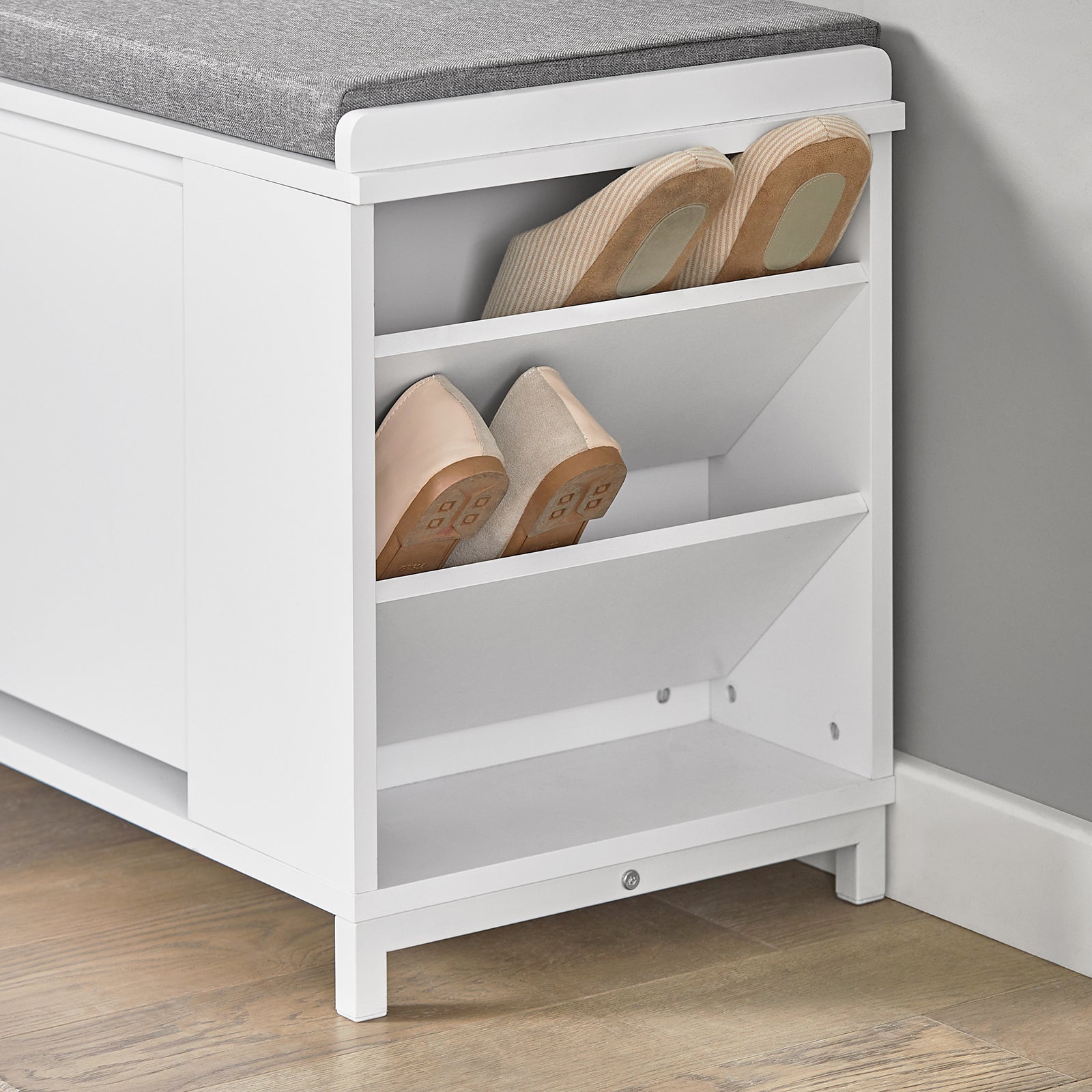 SoBuy FSR105-W, White Flip-Drawer Shoe Bench, Storage Bench with Side Shelf and Removable Seat Cushion