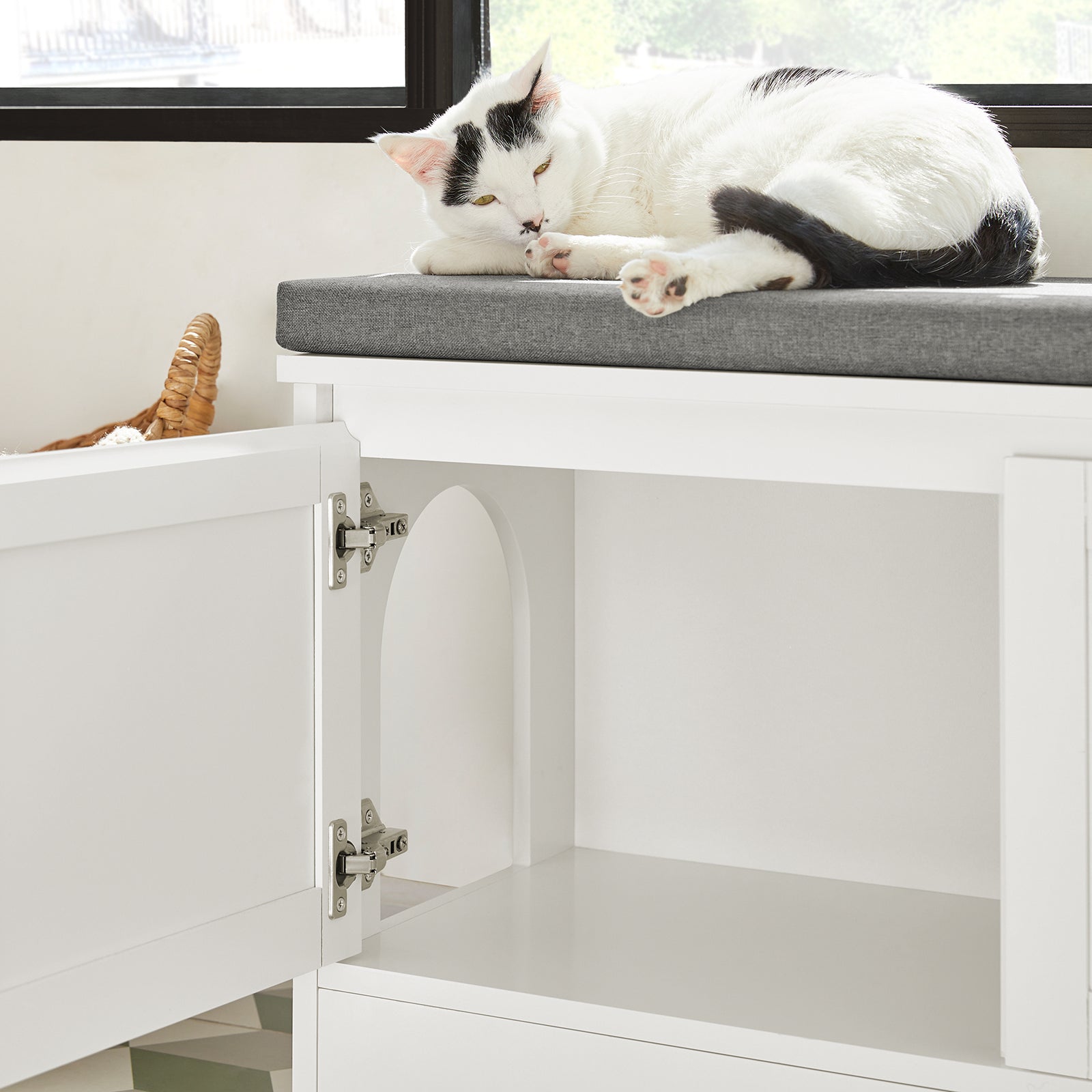 SoBuy FSR136-W,Cat Litter Box Furniture,Indoor Pet House Storage Bench with Double Doors,White