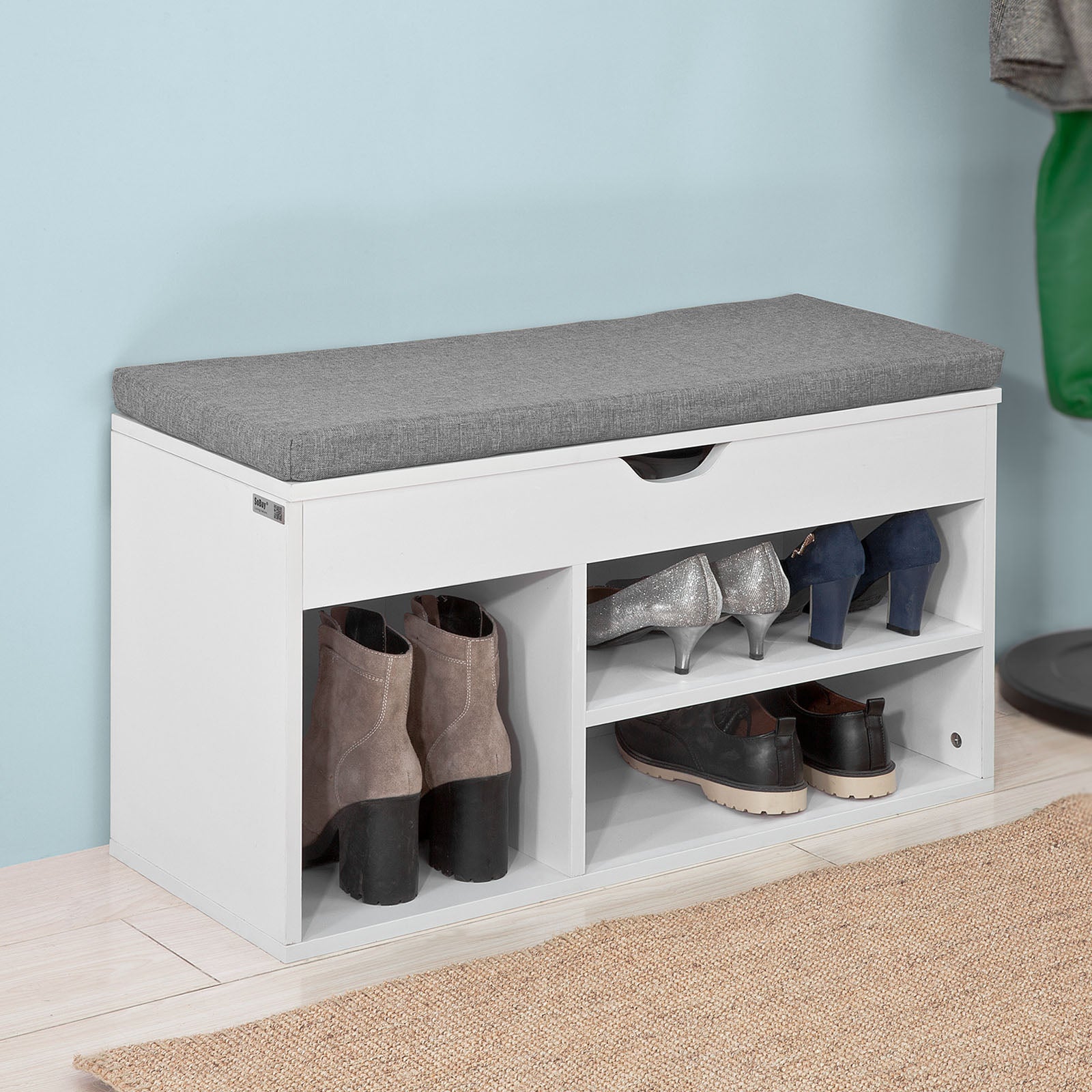 SoBuy FSR45-HG,Shoe Storage Cabinet,Shoe Rack Shoe Bench with Lift Up Bench Top and Grey Cushion