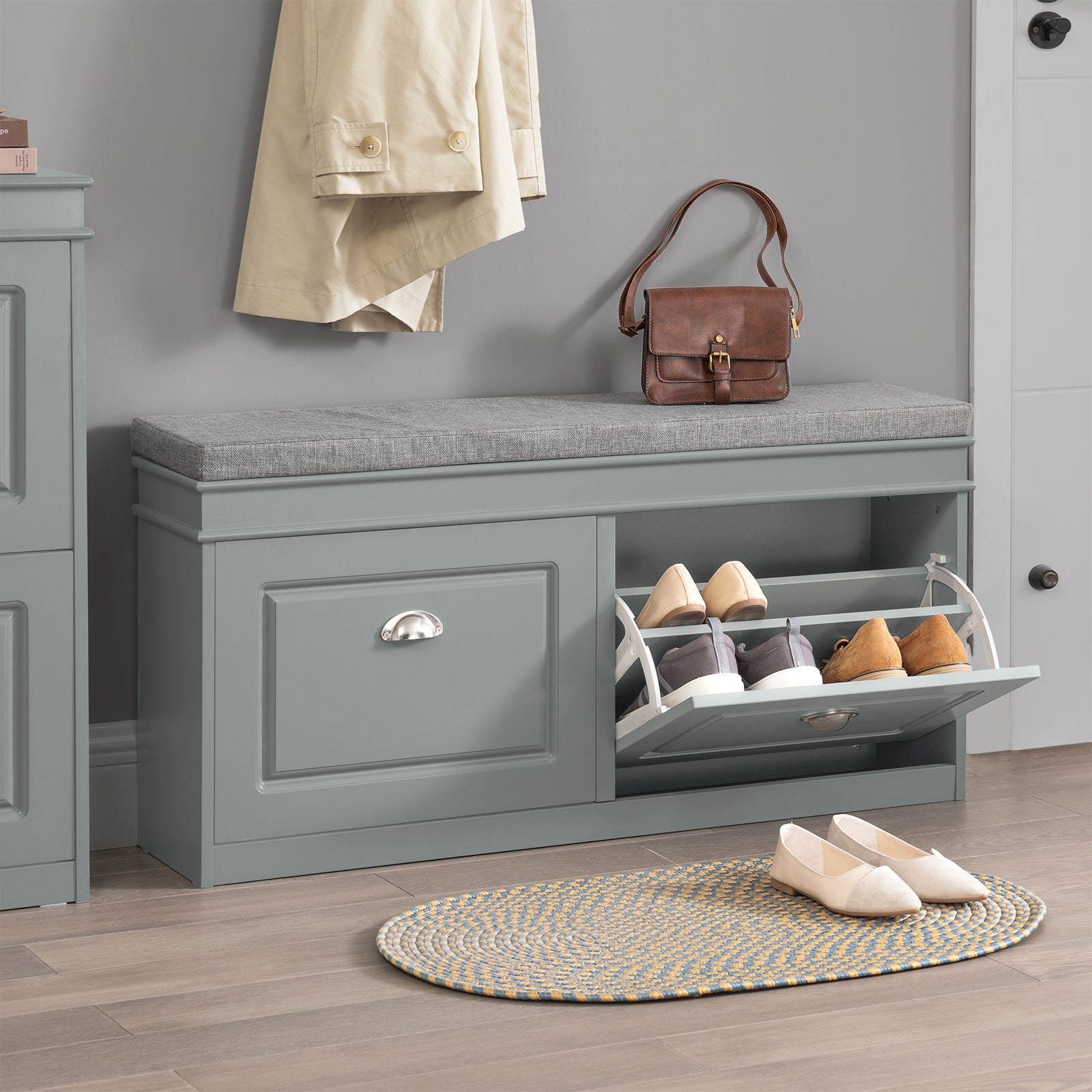 SoBuy FSR64-HG,Hallway Shoe Bench,Shoe Cabinet with Flip-Drawer and Seat Cushion