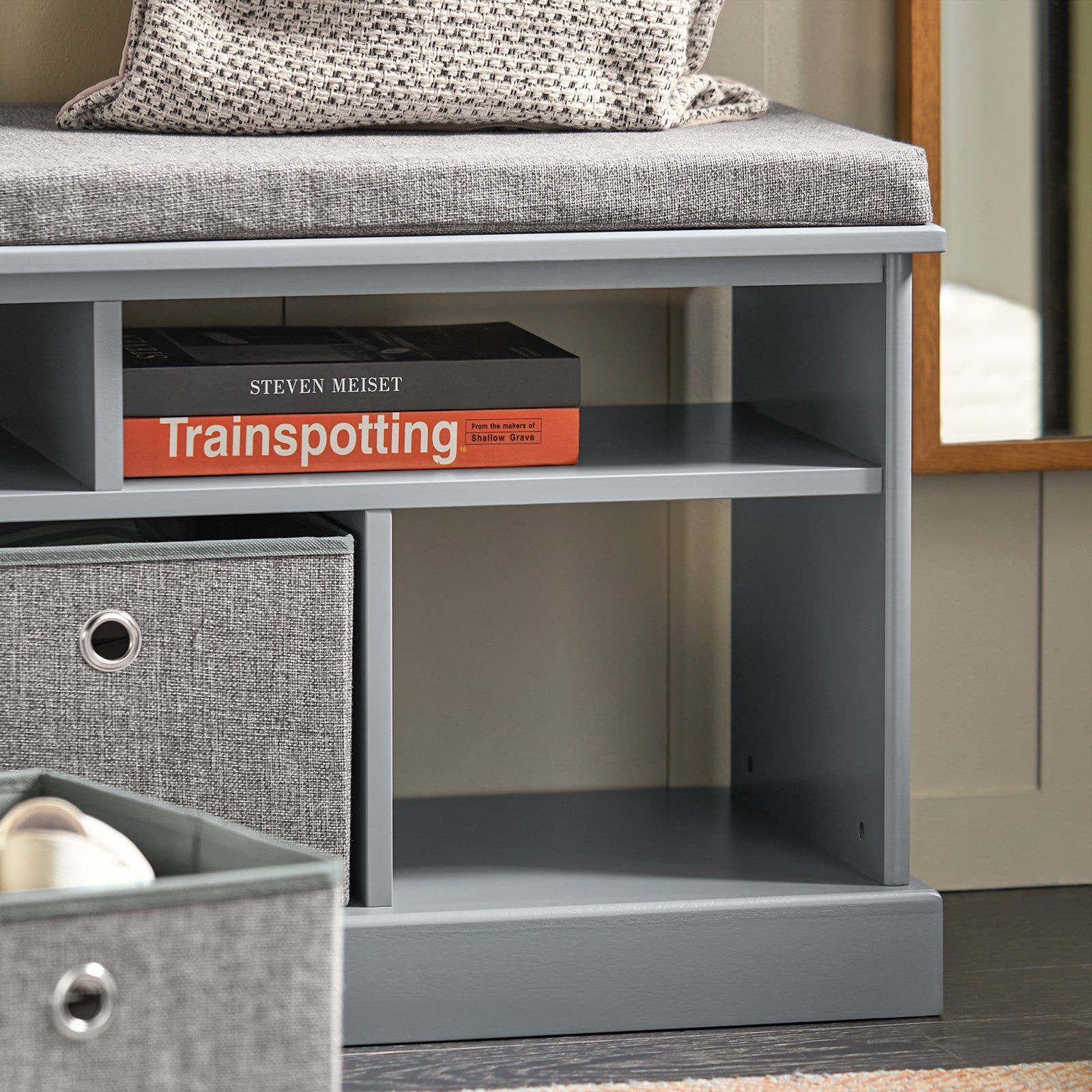 SoBuy FSR67-DG,Storage Bench with 3 Fabric Drawers and Seat Cushion,Hallway Shoe Bench,Shoe Cabinet,Grey