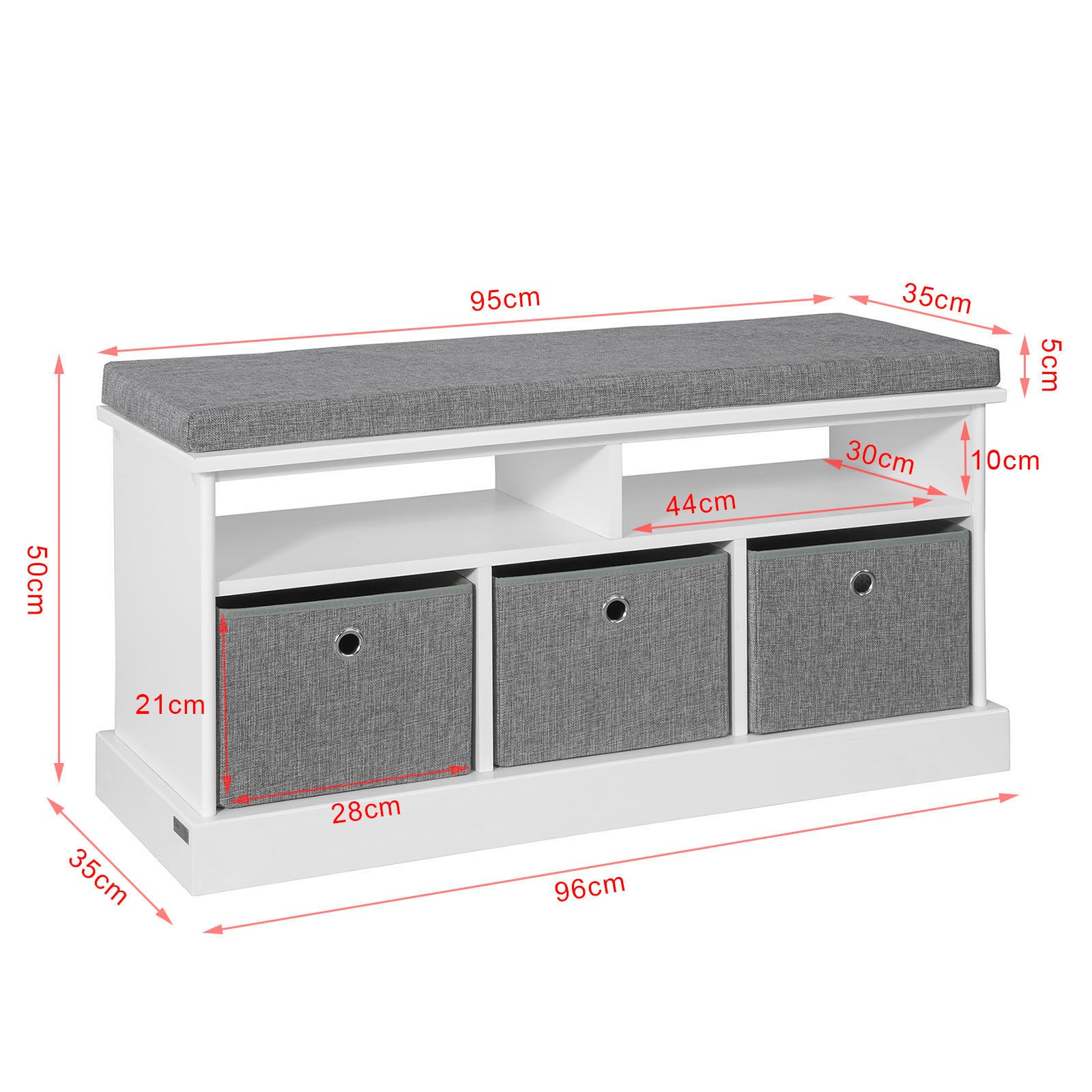 SoBuy FSR67-HG,Storage Bench with 3 Fabric Drawers and Seat Cushion,Hallway Shoe Bench,Shoe Cabinet