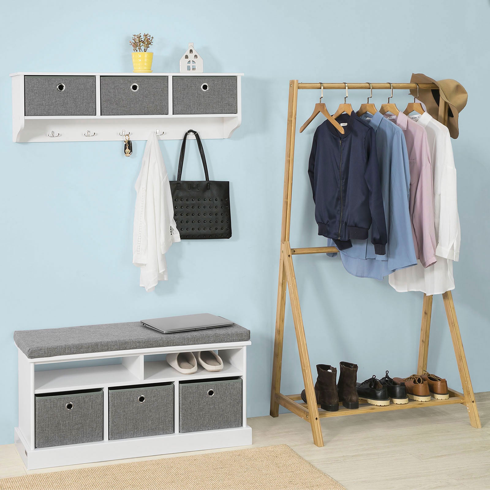 SoBuy FSR67-HG,Storage Bench with 3 Fabric Drawers and Seat Cushion,Hallway Shoe Bench,Shoe Cabinet