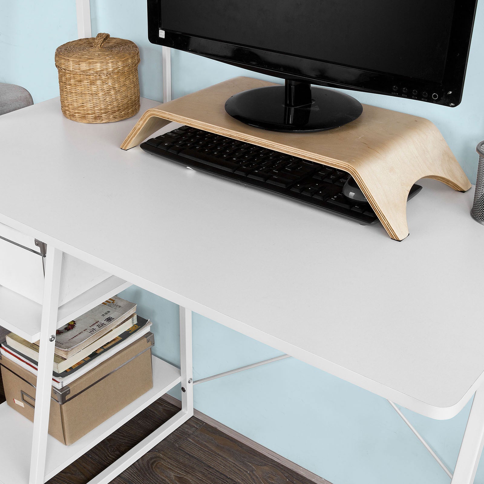 SoBuy Home White Office Wood Computer Table with Storage Rack,FWT29-W