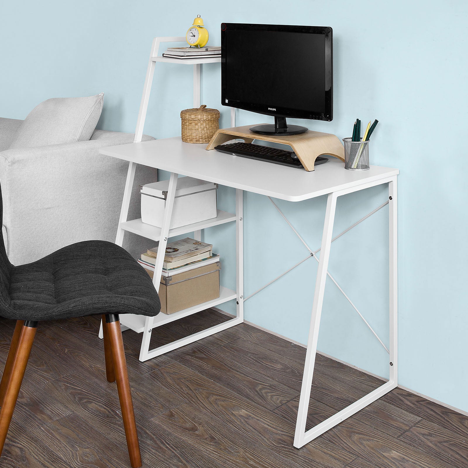 SoBuy Home White Office Wood Computer Table with Storage Rack,FWT29-W