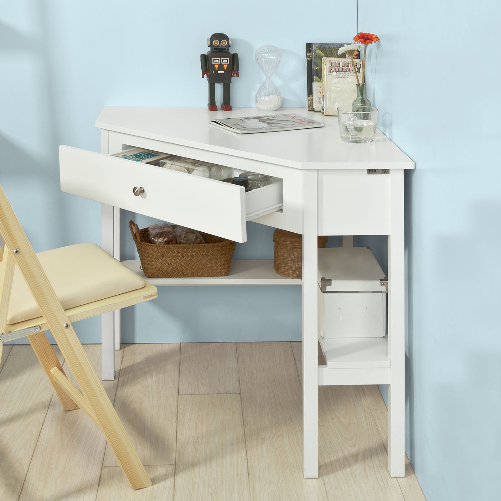 SoBuy White Wood Triangle Computer Corner Table with Drawer, FWT31-W