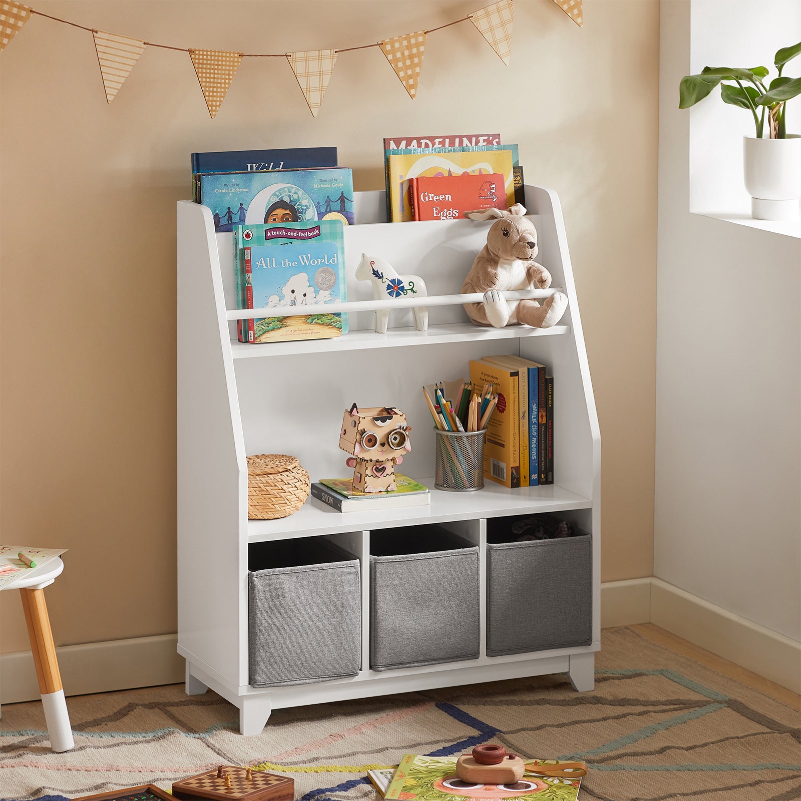 SoBuy KMB34-W, Children Kids Bookcase Book Shelf Toy Shelf Storage Display Shelf Rack Organizer with 3 Fabric Drawers
