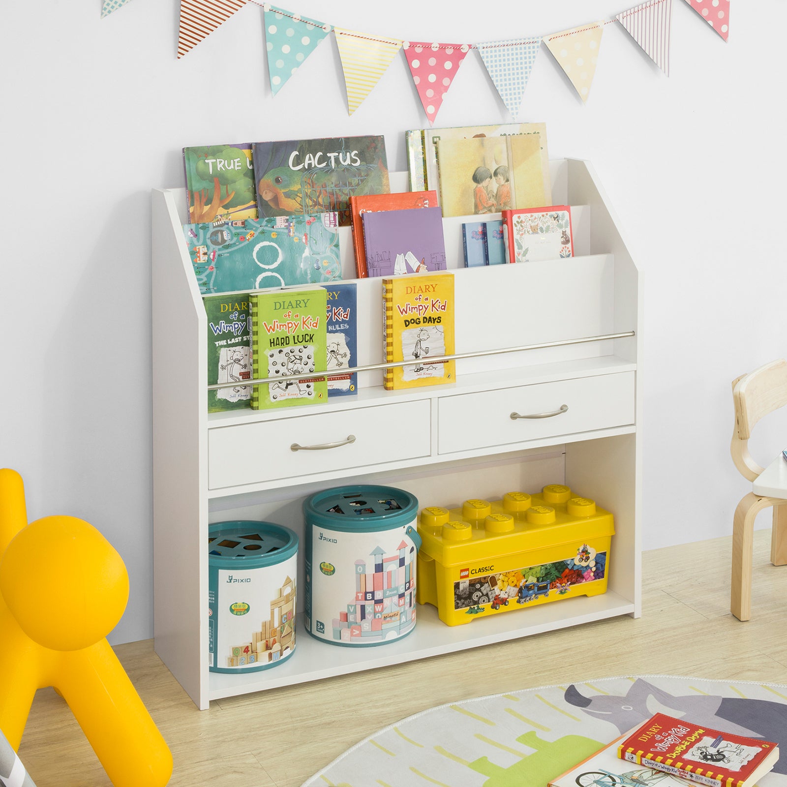 SoBuy KMB39-W, Children Kids Bookcase Book Shelf with 3 Shelves 2 Drawers, Storage Display Rack Organizer Holder Toy Storage